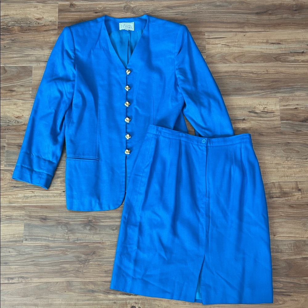 Vintage Blue & Gold Boxy Skirt Jacket Set Casual Corner Retro Chic Size 14